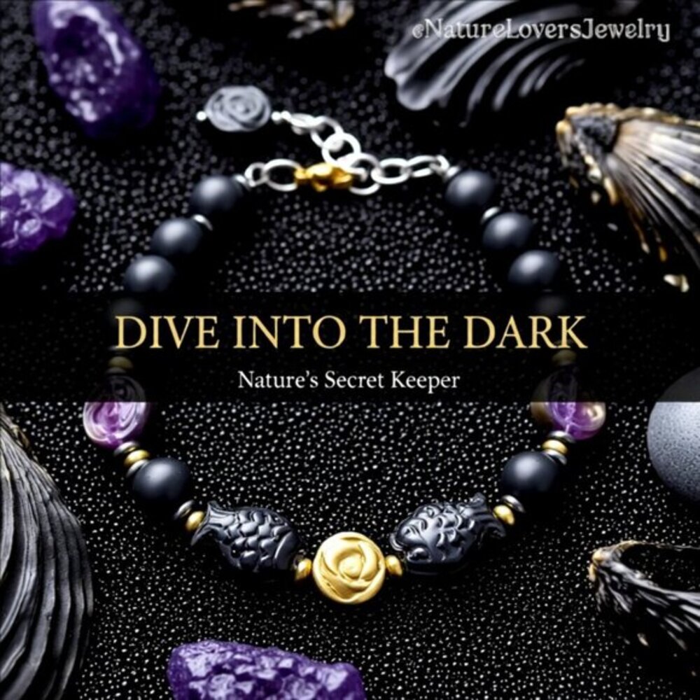 Purple + Black Iridescent Fish + Stone Beads Bracelet! 7"+ Adjust. Goth + Beachy